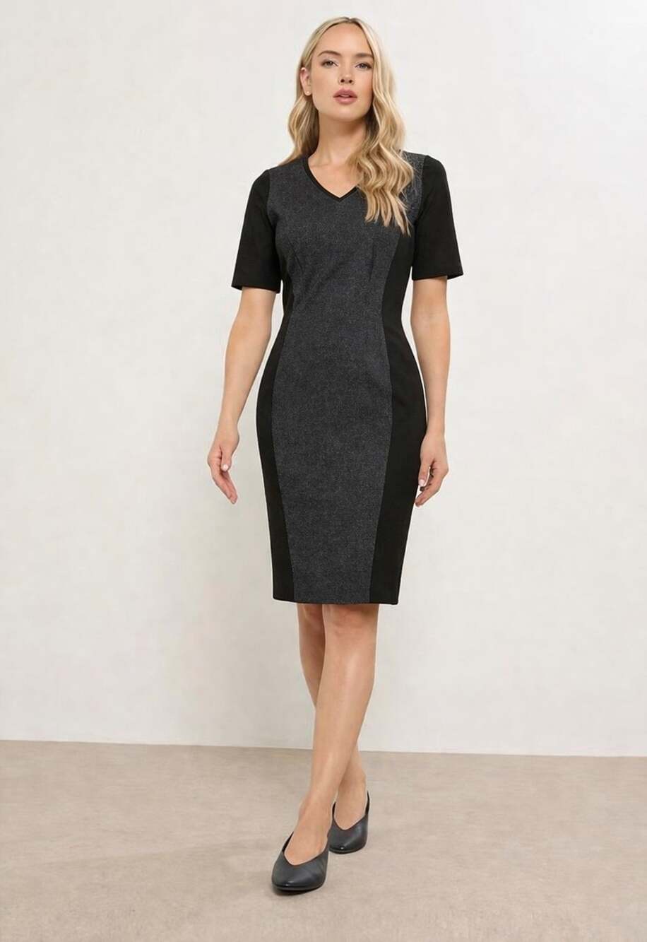 Long Tall Sally Gray Black Sheath Dress Size 8 Tall UK12 Lined Work Office Midi